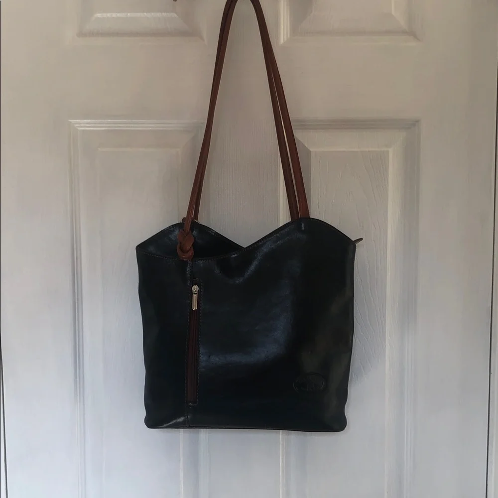 Vera Pelle Italian Leather Black/Brown Shoulder Backpack Bag